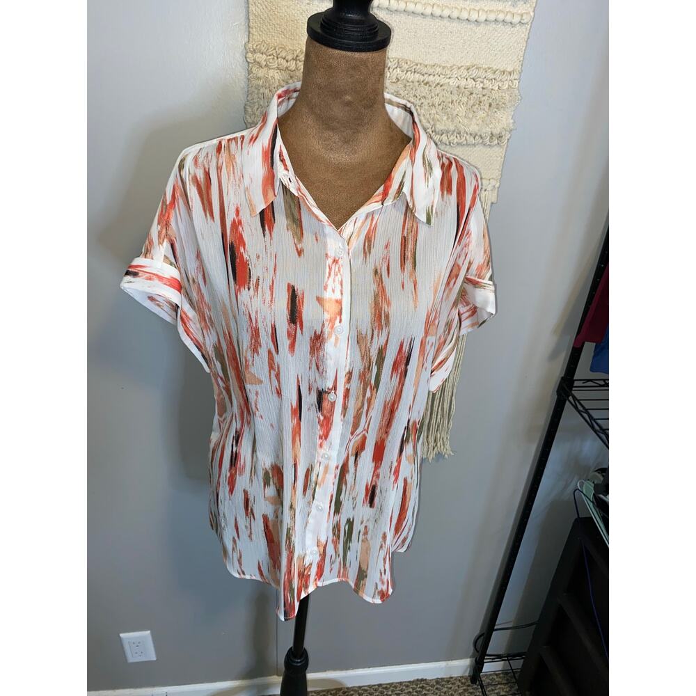 DKNY Sheer Abstract Print Button Front Blouse Short Sleeve Lightweight Top M